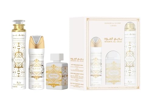LATTAFA BADEE AL OUD HONOR AND GLORY 3PCS GIFT SET WITH 100 ML EDP + 200ML DEO + 300ML AIR FRESHNER