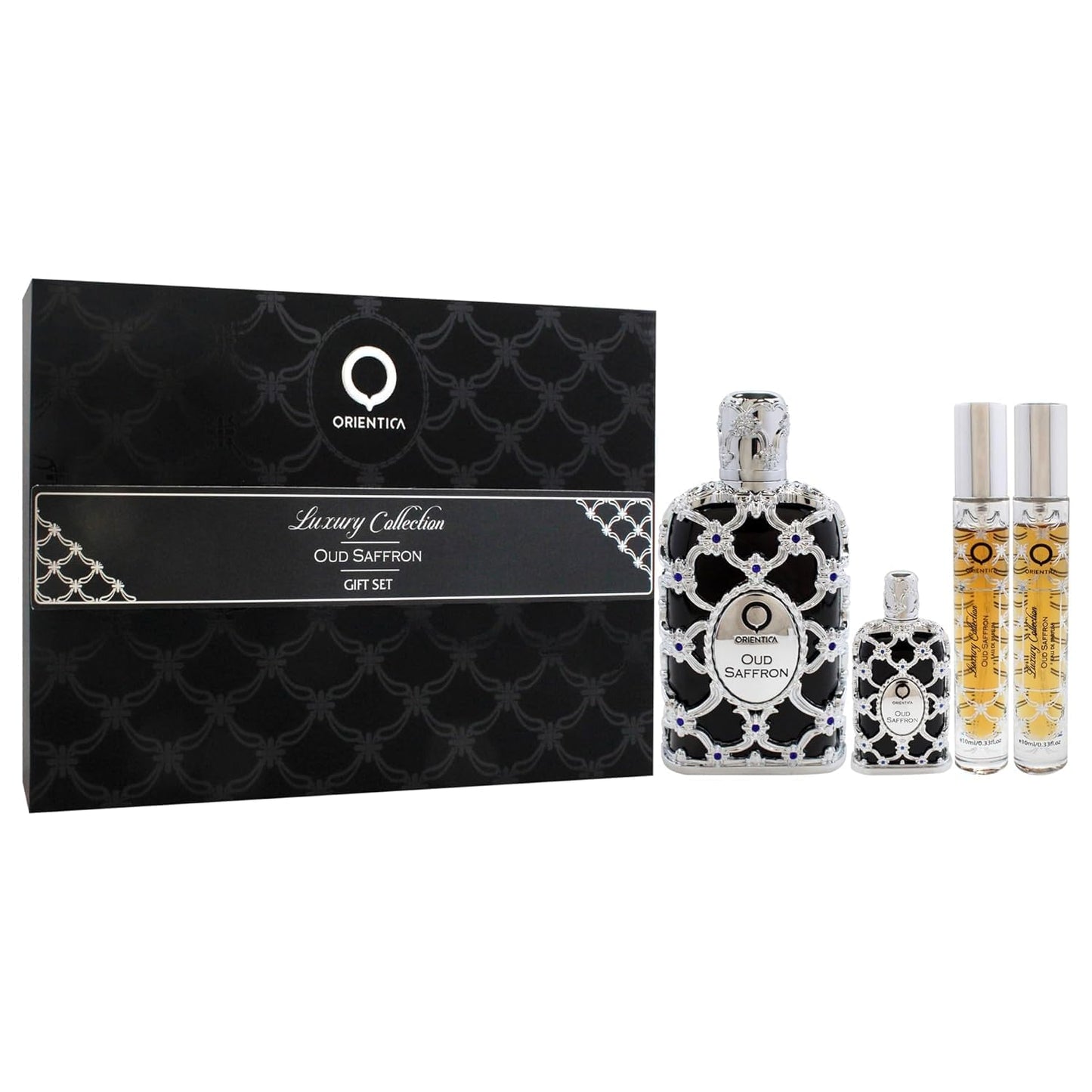 Orientica Oud Saffron 4 Pc Gift Set Eau De Parfum - Oriental, Vanilla, Saffron, Woody, Patchouli, Musk, Agar Wood - Arabic Perfume for Men & Women - (2.7oz, 2x10ml spray & 7.5ml splash)